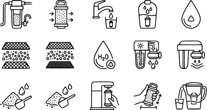 Water Filtration and Purification Line Art Icons Set. Black and White Outline Vectors for Home Appliances, Clean Drinking Water, and Health.