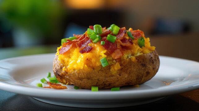 A delicious baked potato topped with melted cheese, crispy bacon bits, and chopped green onions, served on a white plate