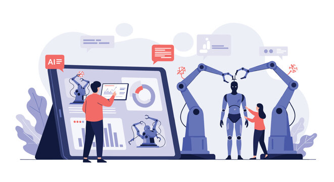 Technical specialists develop and assemble a humanoid robot using advanced robotic arms and artificial intelligence.