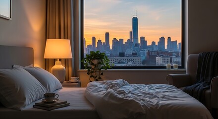 Obraz premium Cozy hotel room city skyline view.