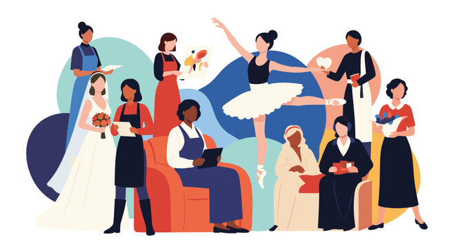 Diverse group of women representing various career paths and hobbies including a ballet dancer bride artist chef and business professionals.