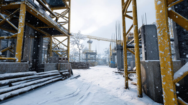 A construction site covered in snow, with yellow cranes and unfinished concrete structures. The scene depicts a stark, industrial winter landscape