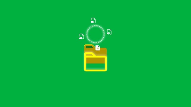 Yellow digital folder opening with orbiting file icons on green screen