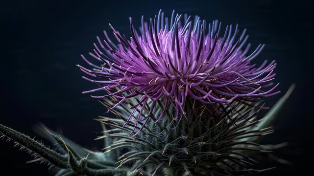 Close-up video of a vibrant purple milk thistle flower blooming outdoors.
