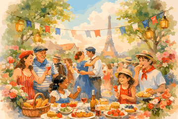 Fototapeta premium A vibrant watercolor painting depicts a joyful outdoor picnic celebration in Paris, with families and friends enjoying food, wine, and dancing under the Eiffel Tower.
