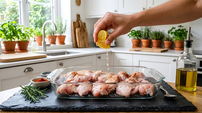 Squeezing fresh lemon on raw chicken