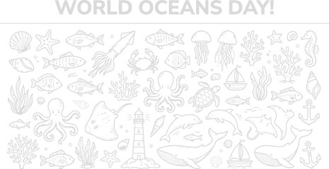 Marine life and nautical elements gray vector illustration pattern © maifun