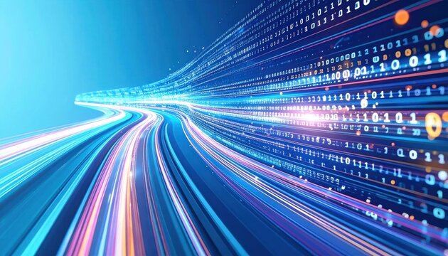 Abstract binary code flowing through high speed fiber optic trails