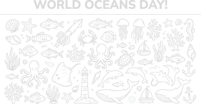 Marine life and nautical elements gray vector illustration pattern
