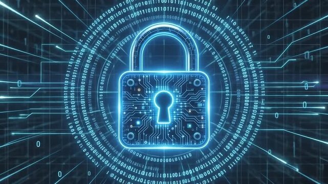 Digital padlock icon with binary code and circuit board lines, representing cybersecurity, data protection, and internet privacy