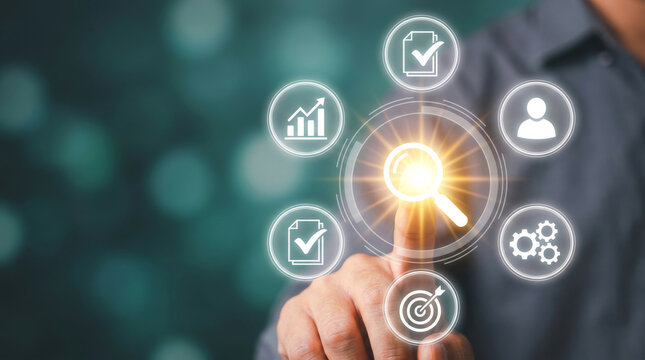 Digital audit and data analysis concept, businessman touching glowing magnifying glass icon, corporate compliance and quality control management