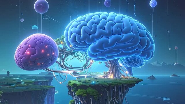 A glowing brain tree grows on a floating island at night