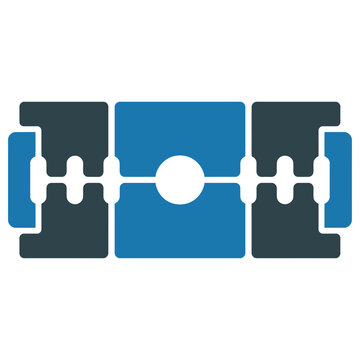 Vector graphic of a puzzle piece connecting with others in a seamless blue and grey pattern