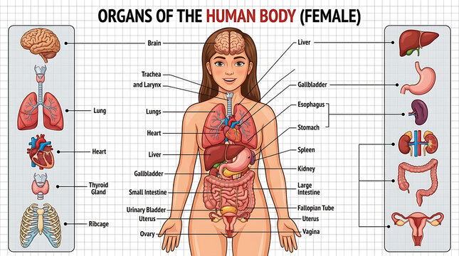 The female human body showcases internal organs in a detailed anatomical illustration.