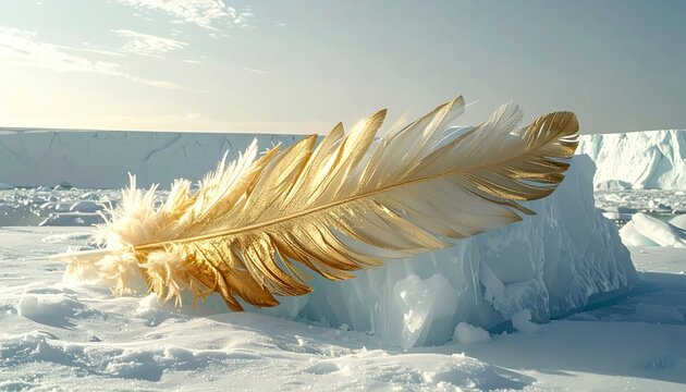 Gilded gold feather resting on a cold drifting arctic iceberg under soft sunlight, featuring intricate metallic textures against a serene and majestic frozen polar landscape scenery