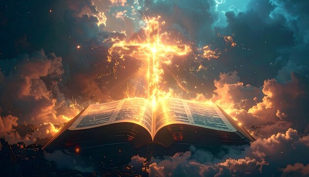 A glowing cross shines from an open book amidst heavenly clouds