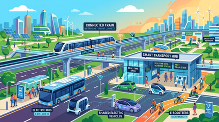 Smart transportation system with bus rapid transit, cityscape background, futuristic illustration © Susan