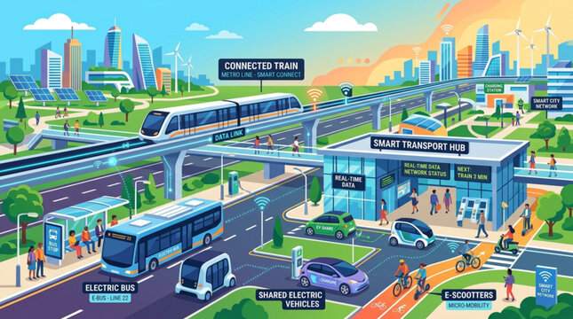 Smart transportation system with bus rapid transit, cityscape background, futuristic illustration