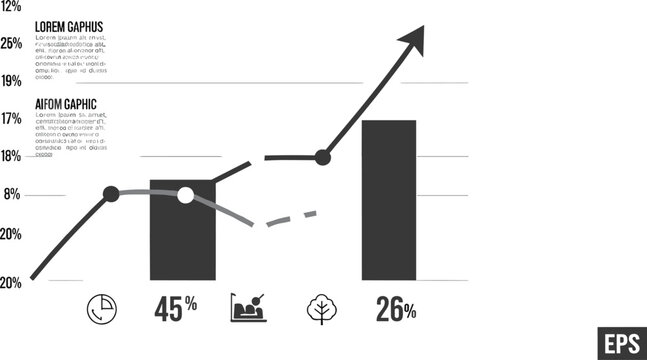Minimal business growth infographic vector with bar chart and upward line graph showing performance metrics for analytics reports and presentation