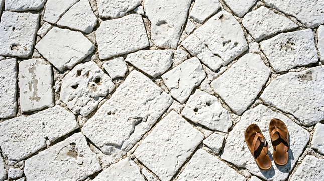 A pair of brown leather sandals resting on white limestone pavement blocks in the sun, symbolizing summer travel and Mediterranean vacation.