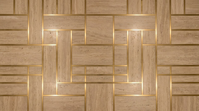Luxury beige travertine marble wall cladding with elegant gold metal inlays in a modern geometric pattern for high-end interior architectural design.