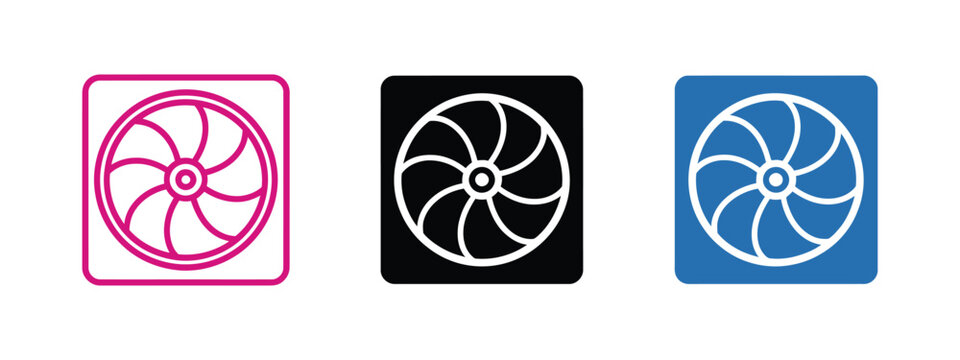 Exhaust fan icon set front view with blades in square frame, outline and solid versions. Ventilation icons and technical symbols for airflow systems, HVAC equipment, home appliances and industrial 