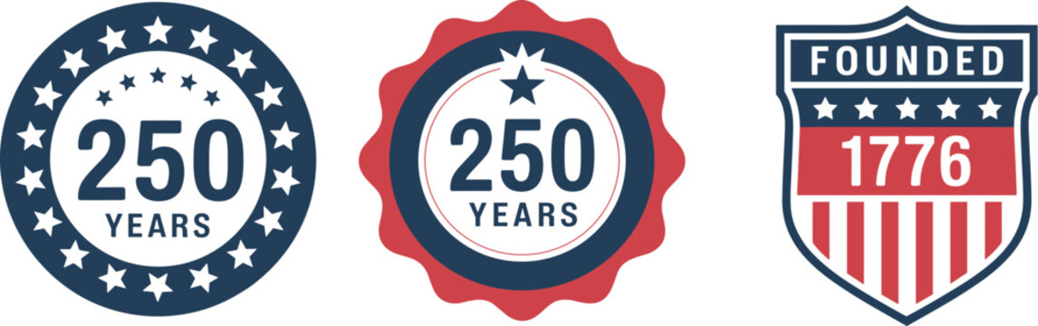 Commemorative badge illustrations with star shaped borders and numeric text celebrating two hundred and fifty years america american anniversary celebration design emblem