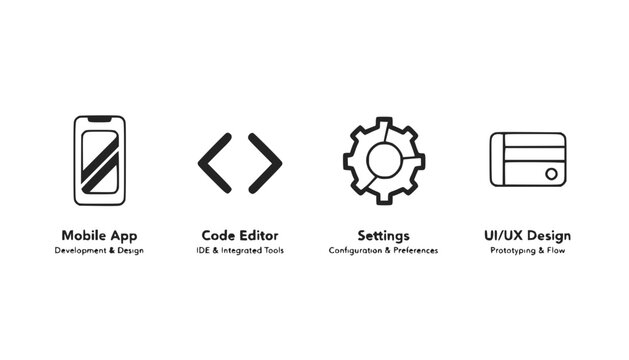 Mobile App Development, Code Editor, Settings, UI UX Design Icons - Vector Illustration