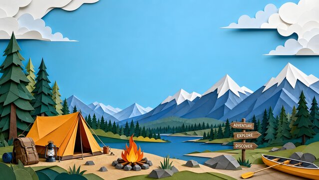 Paper Craft Wilderness Camp Site with Tourist Tent Bonfire and Kayak Boat for Adventure Youth Summer Camp Banner, Mountain Hiking Outdoor Recreation Layout, and Blue Sky Background