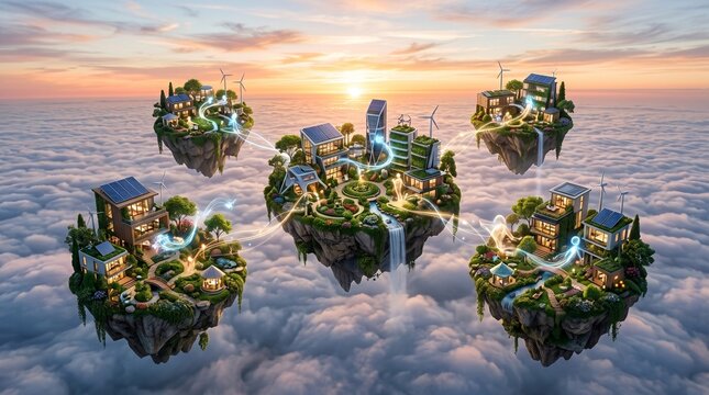 Floating Islands with Eco-Friendly Houses and Renewable Energy Above Clouds