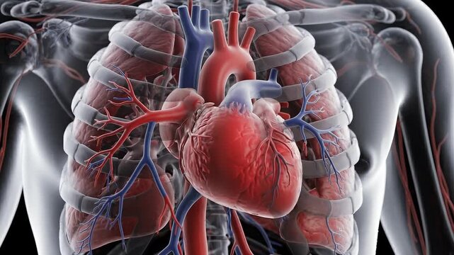 Medical 3d illustration of human heart and lungs anatomy within the thoracic cavity, showing cardiovascular and respiratory systems