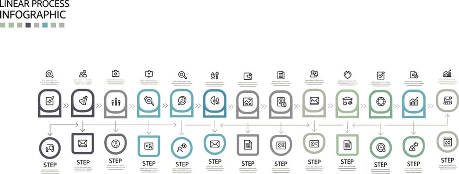 Linear process infographic vector with step by step workflow icons for business strategy planning presentation and project management design