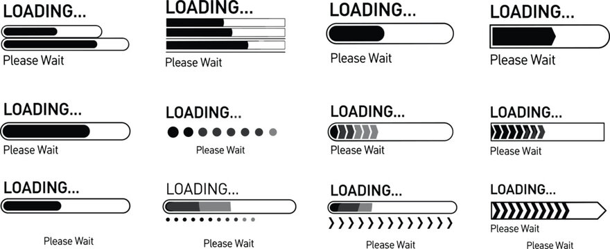 Loading progress bar collection with various styles and animations in minimal black white vector design for user interface elements