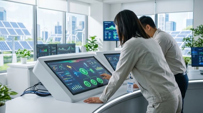 Engineers monitoring renewable energy data on smart touchscreen dashboard in modern control room, sustainable power grid management and green technology concept.