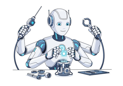 A multi armed humanoid robot assembling complex mechanical components on a workbench.