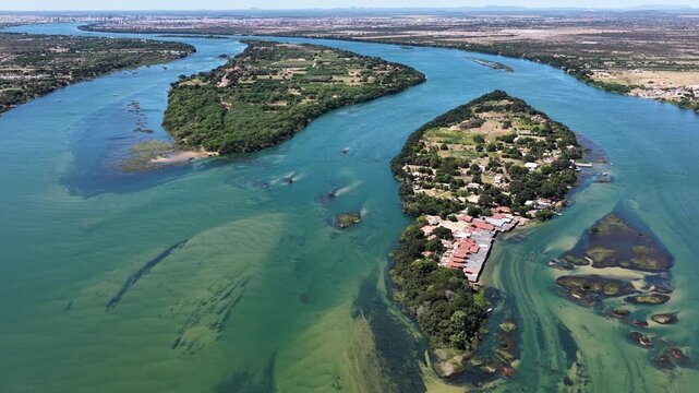 Sao Francisco River In Juazeiro In Bahia Brazil. Biggest Northeast River. Massangano And Rodeadouro Islands. Nature Forest Trees. Sao Francisco River In Juazeiro Bahia. Riverside Agriculture Fields.