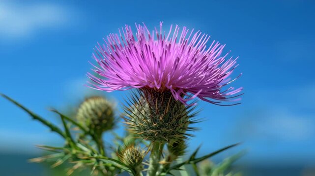 Purple milk thistle flower blooming in a sunny field under clear blue sky during a bright summer day.