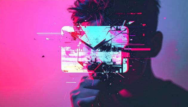 Abstract digital glitch art of face with envelope icon.