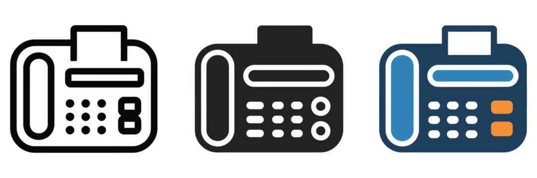 Fax machine icon set office communication device symbols in outline and solid styles. Professional business equipment collection for document transmission, workplace communication and corporate 