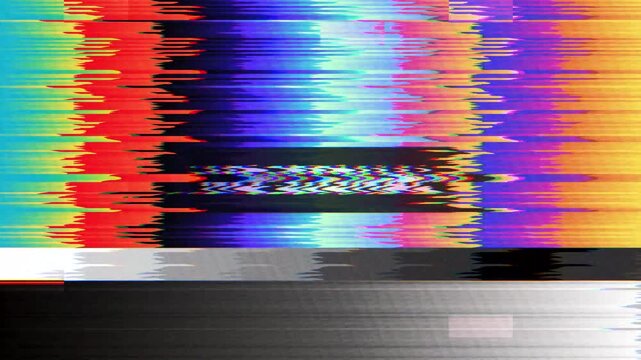 Digital screen interference with colorful pixel distortion and static noise, creating a vintage video feedback aesthetic backdrop