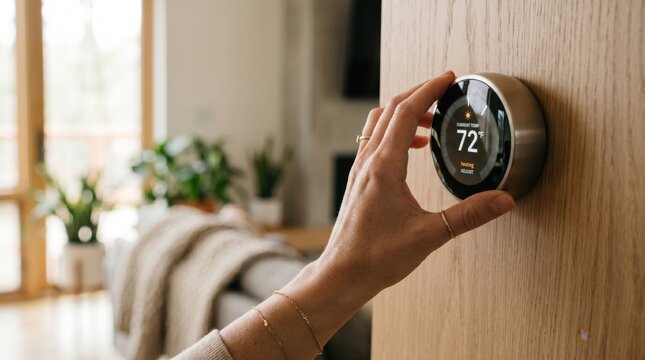 Hand adjusting smart thermostat temperature on wall display in cozy living room, home automation system for energy saving and climate control comfort.