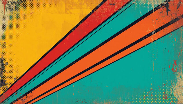 Abstract background featuring diagonal stripes in orange, red, and teal on a textured yellow and turquoise backdrop with a distressed, grunge appearance.