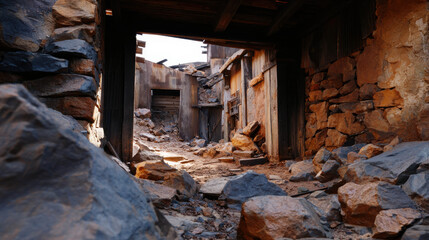 Fototapeta premium Ruins of an ancient stone village, with crumbling walls and a worn pathway leading into the darkness. The scene evokes a sense of history and abandonment