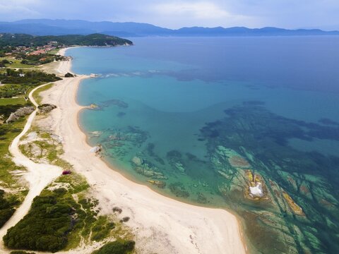 Aerial view, beach, Kakoudia, Ierissos, Sithonia, Chalkidiki, Central Macedonia, Greece