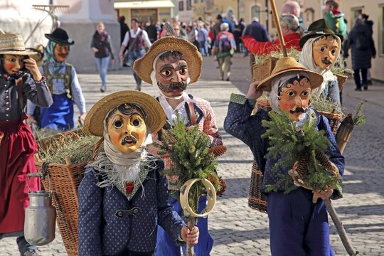 Typical masks in the Maschkera procession at carnival, Mittenwald, Werdenfelser Land, Upper Bavaria, Bavaria, Germany