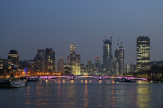 View of the London skyline from Westminster Bridge, blue hour, England, United Kingdom