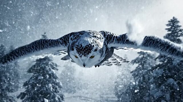 Hyper-realistic snowy owl with white and silver feathers flying through a winter blizzard in a coniferous forest, frontal view with wide wingspan and detailed yellow eyes.