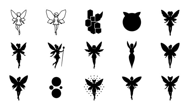 Magical Fairy Silhouettes Collection, Enchanted Winged Beings Vector Icons, Fantasy Sprites and Mythical Creatures Graphics, 15 Elements