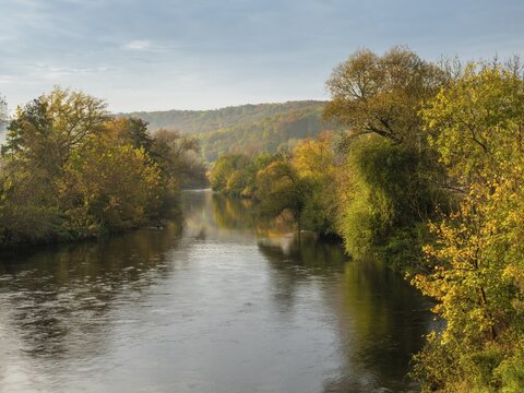 The river Saale in the Saale valley not far from Jena in autumn, Dornburg-Camburg, Thuringia, Germany