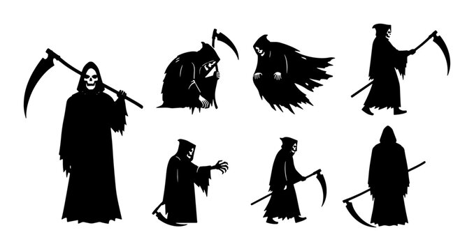 Grim Reaper Silhouette Collection, Death Personification Icons, Scary Figure Vector Set, Halloween and Spooky Themed Graphics